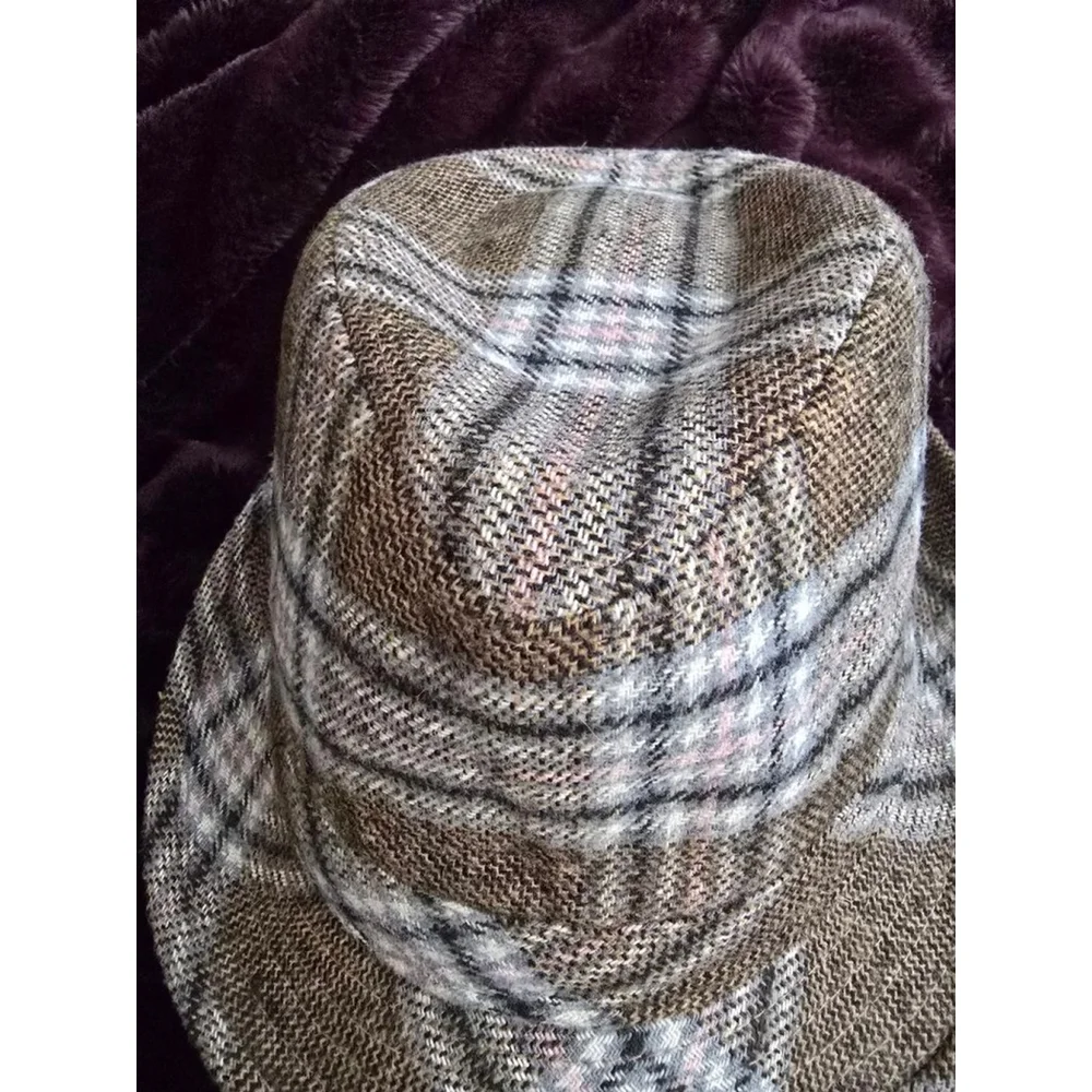 VINTAGE Milani Women's Pink Brown Plaid Wool Blend Bucket Fedora Hat Italian
